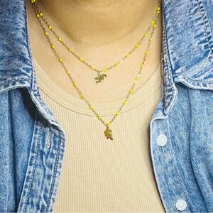 SOLD♥️Dove w Olive Branch Yellow Enameled Layered Chain Necklace 18k Gold